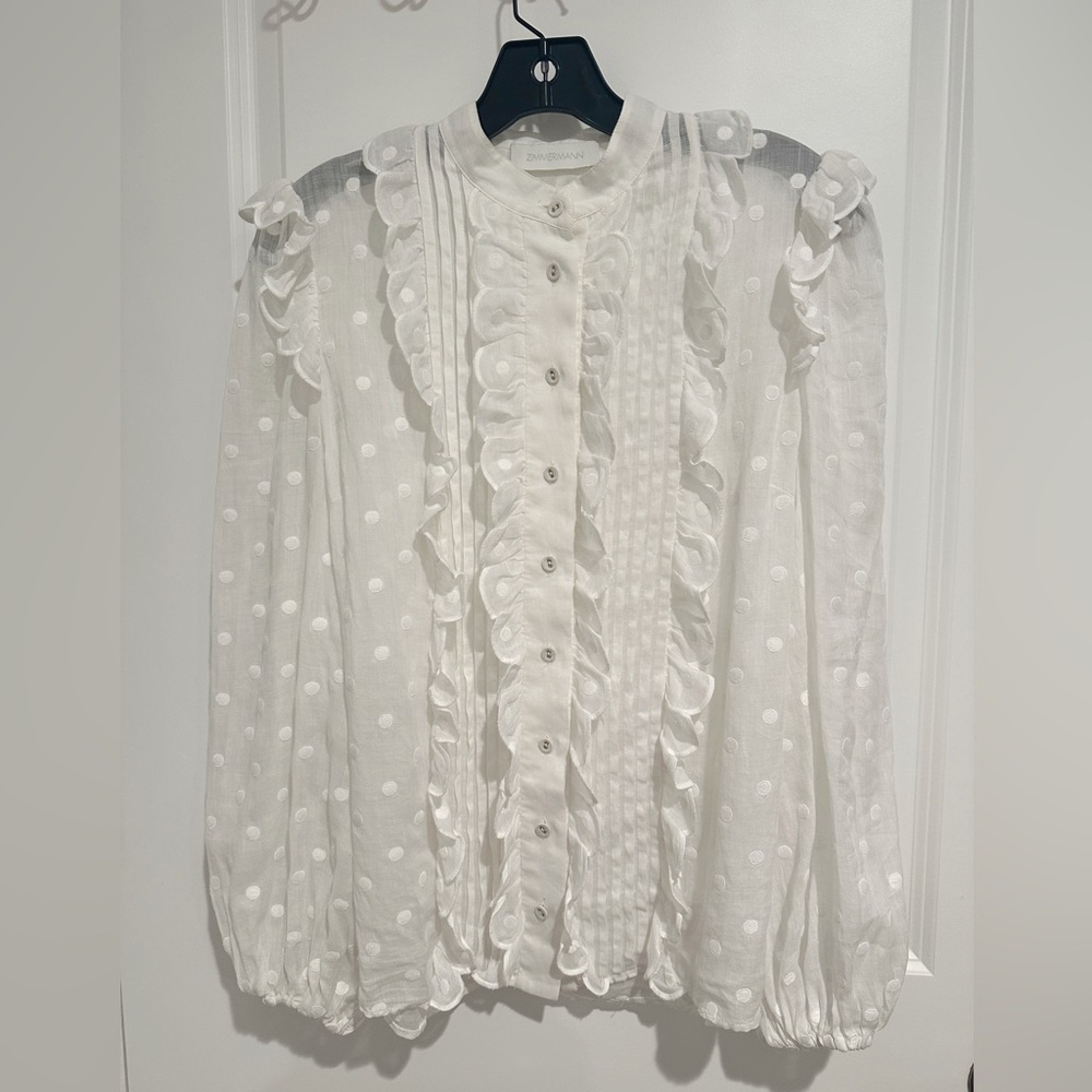 ZIMMERMANN blouse. White blouse with embroidered polka dot throughout. - Picture 7 of 10